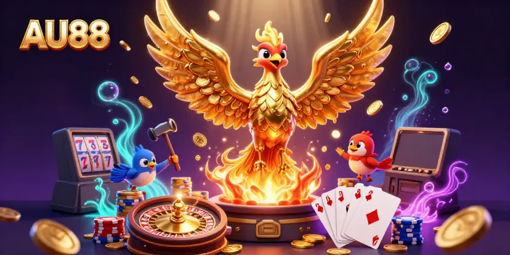 Experience the excitement of AU88 with a golden phoenix and game elements in a vibrant, magical casino scene.