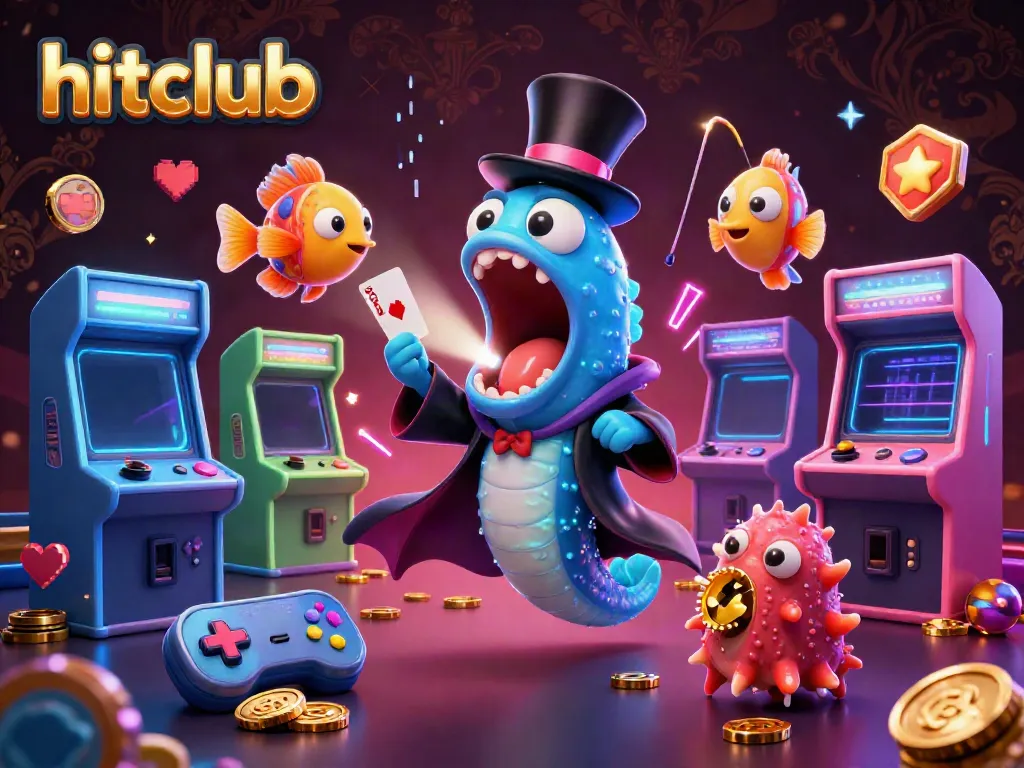 Experience the hitclub magic with a bioluminescent eel performing card tricks in a vibrant casino setting.