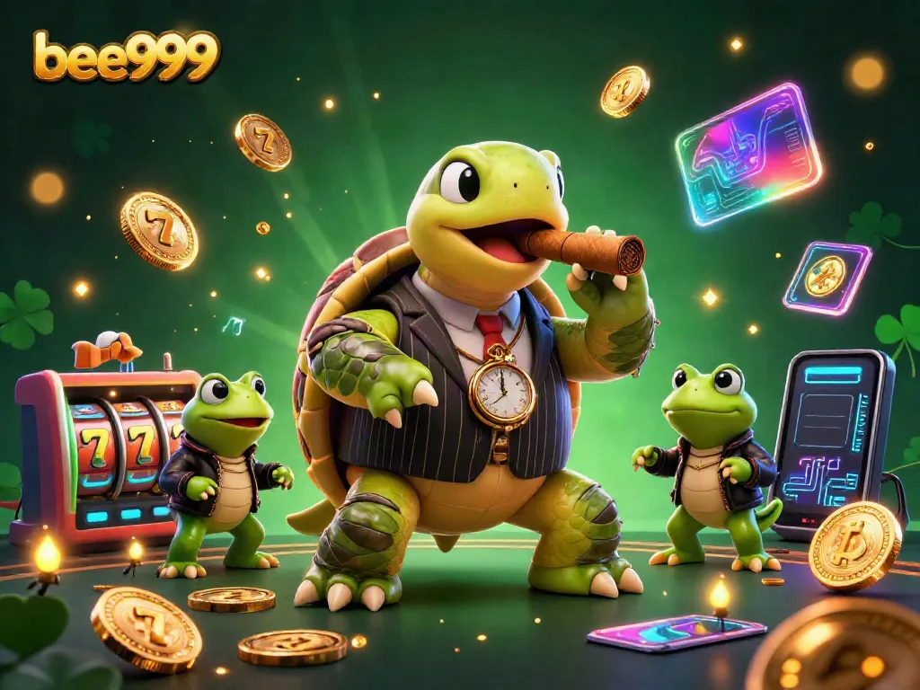 Experience thrilling slots at bee999 with a wealthy turtle mobster and frog enforcers in an engaging casino scene.