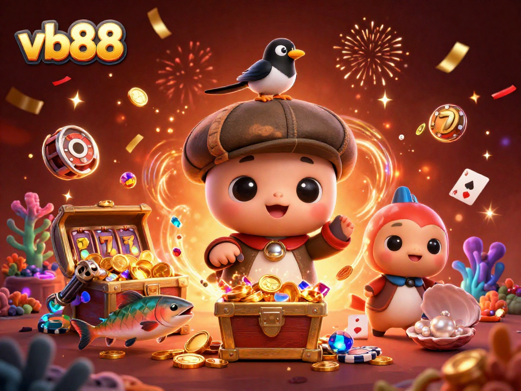 Experience vibrant gaming action with vb88 as cute Nessie and companions play among treasure!