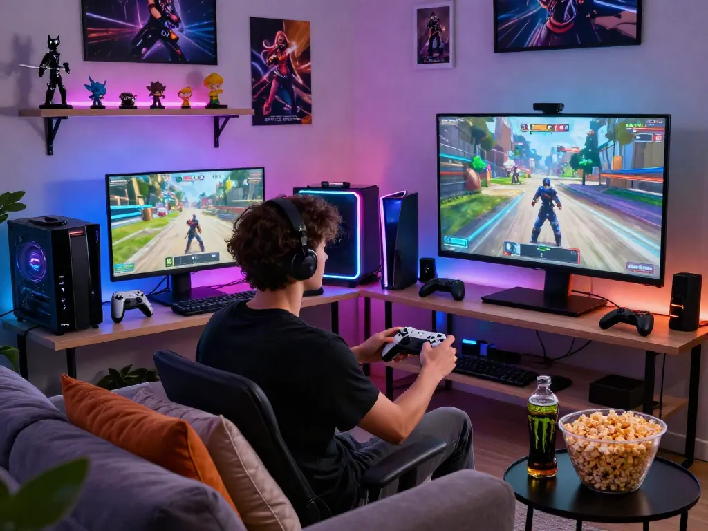 Exciting gaming lifestyle with warung168 setup featuring vibrant game console, LED lights, and snacks.
