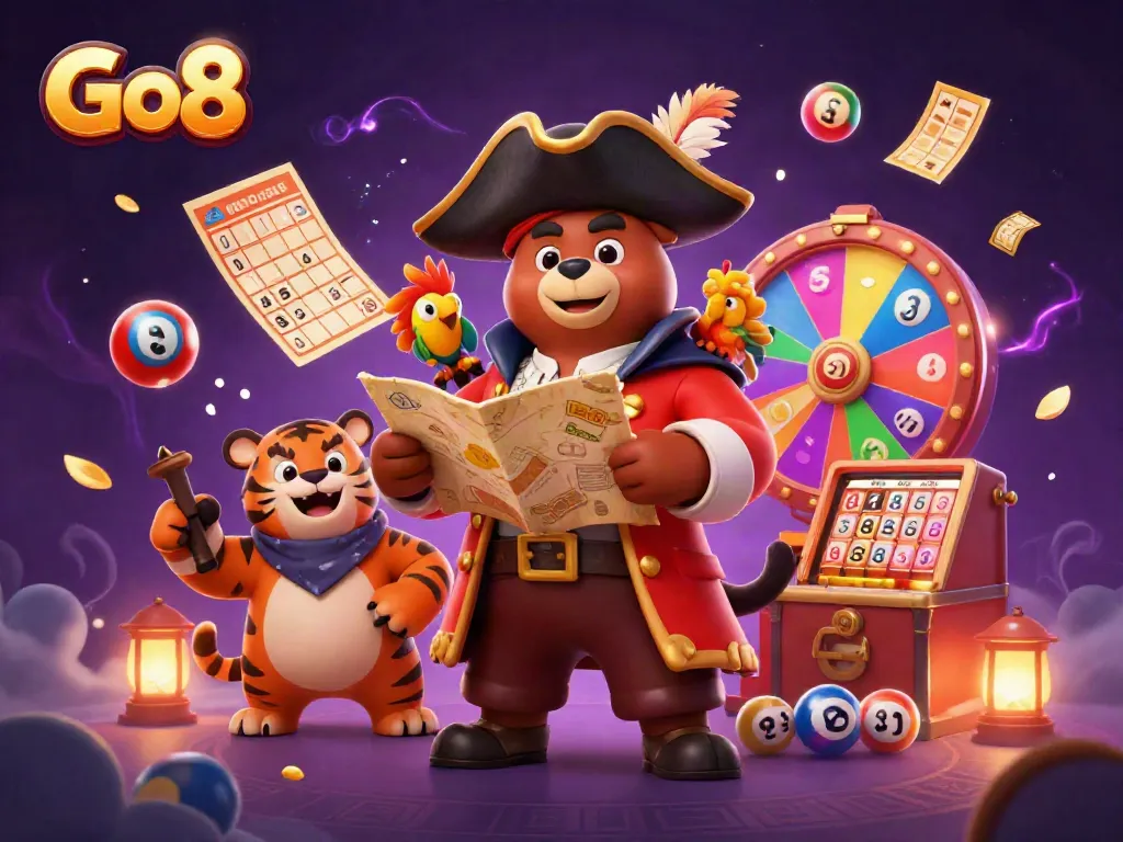 Experience the excitement at Go8 with a vibrant lottery-themed scene featuring dynamic elements and engaging characters.