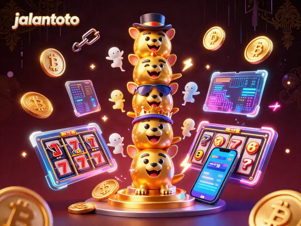 Engage with jalantoto's vibrant 3D casino scene featuring animated characters, slot reels, and crypto elements.
