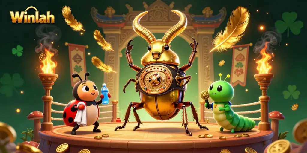 Bet on Winlah with the giant golden stag beetle champion in a vibrant casino scene