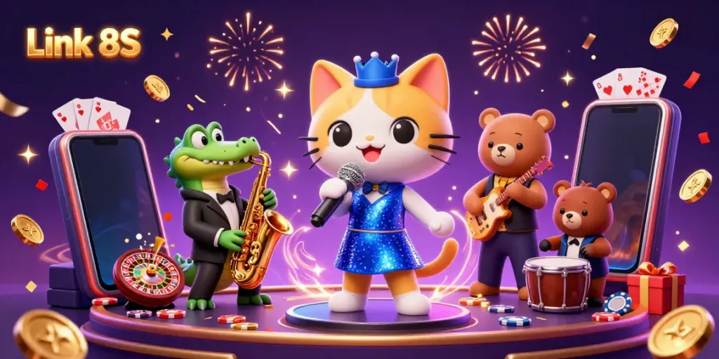 Engage with Link 8S in a vibrant casino scene featuring lively cartoon characters and festive gaming elements.