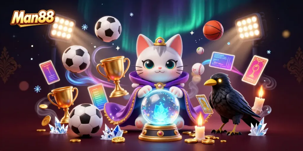 Experience thrilling moments at Man88 with dynamic sports betting elements and enchanting characters in a vibrant casino scene.
