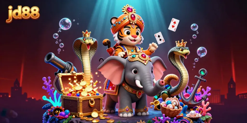 Experience jackpot excitement with jd88's vibrant scene showcasing a tiger maharaja in a casino adventure.