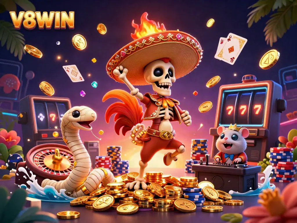 Experience the thrill of gambling with V8WIN's vibrant casino scene featuring animated characters.