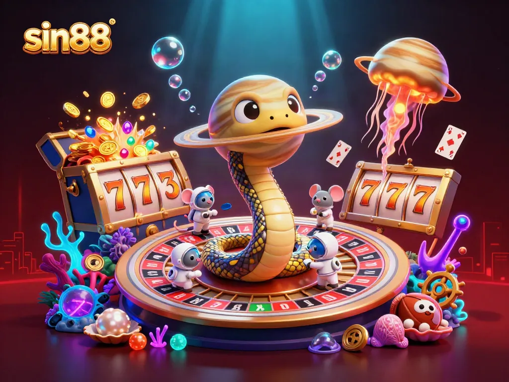 sin88 showcases a dynamic casino scene with astronaut mice betting on a roulette wheel.