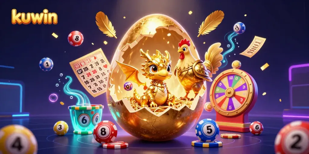 Kuwin captivates players with a dazzling 3D scene of a golden dragon and poker chips amidst lottery elements.