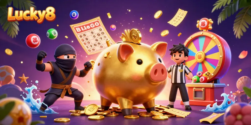 Experience Lucky8 with a vibrant 3D scene of animated casino elements and playful characters.