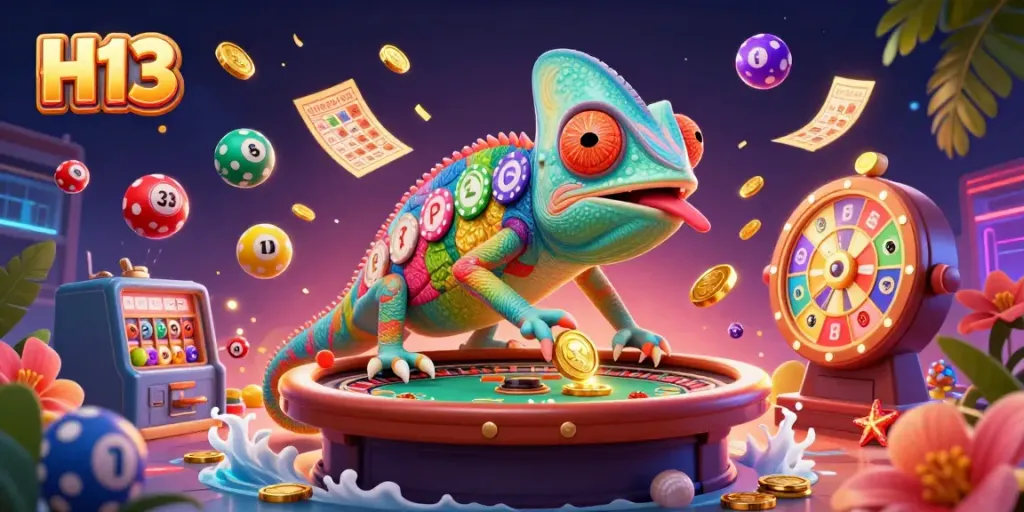 Experience thrilling gaming with H13 as the colorful chameleon casino owner collects golden coins amidst vibrant lottery elements.