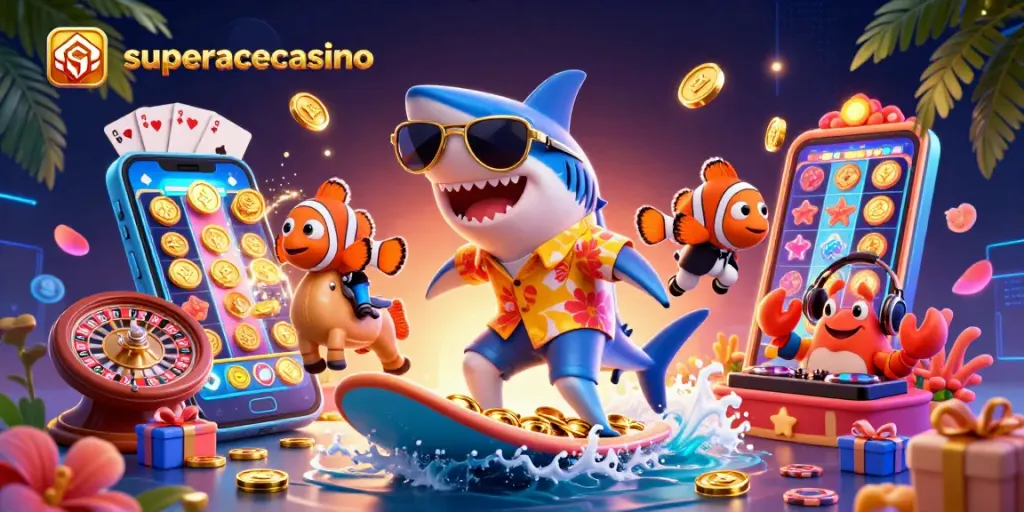 Experience superacecasino excitement with a vibrant 3D casino scene featuring animated characters.