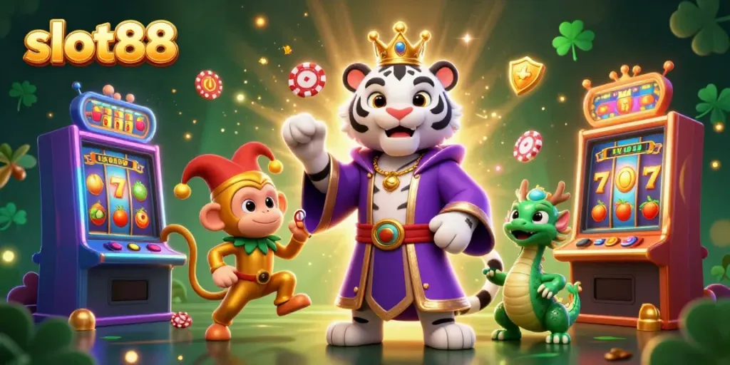 Menangkan hadiah dengan slot88 dalam gambaran fantastis dengan harimau putih dan monyet emas di kasino.
