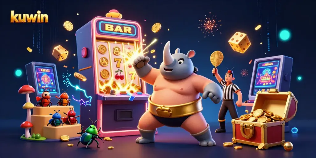 Kuwin's dynamic gaming scene features a rhinoceros beetle champion celebrating with flying coins and slot machine bursts.