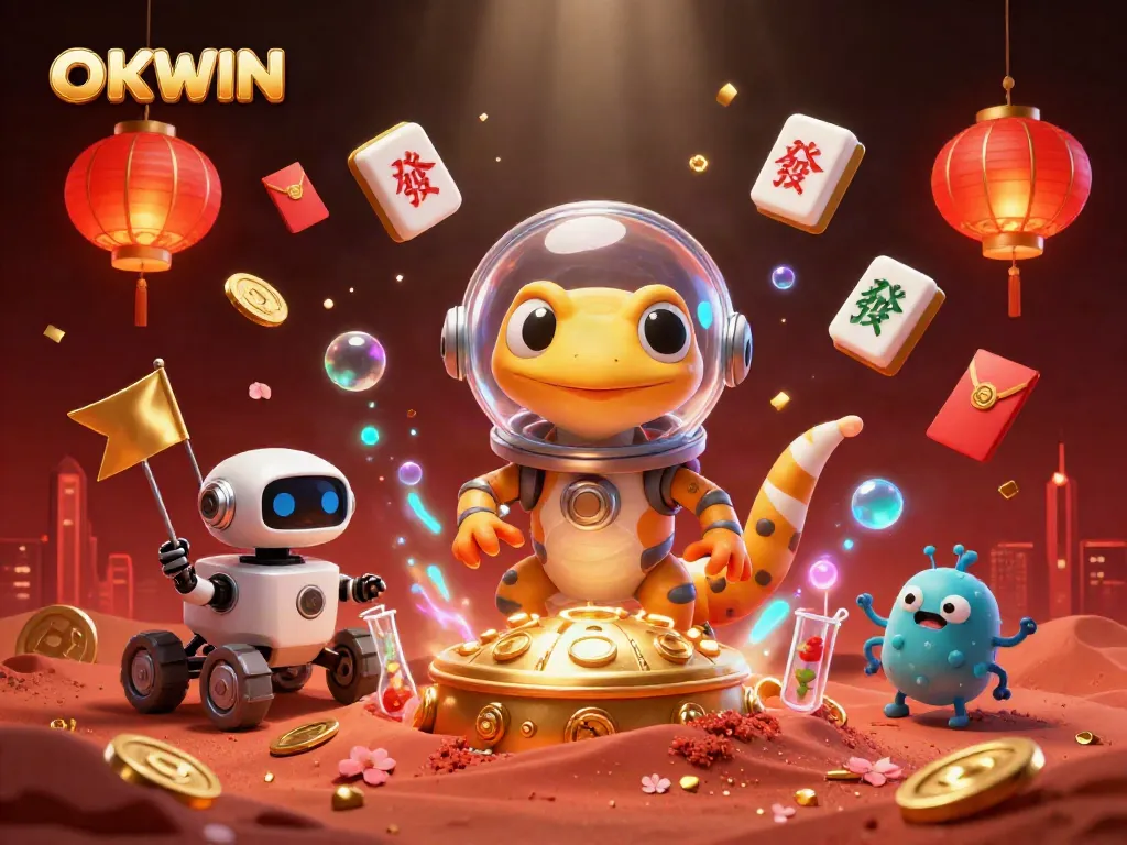 Play and win with OKWIN in a vibrant 3D casino scene showcasing a Martian gecko unveiling golden treasures.