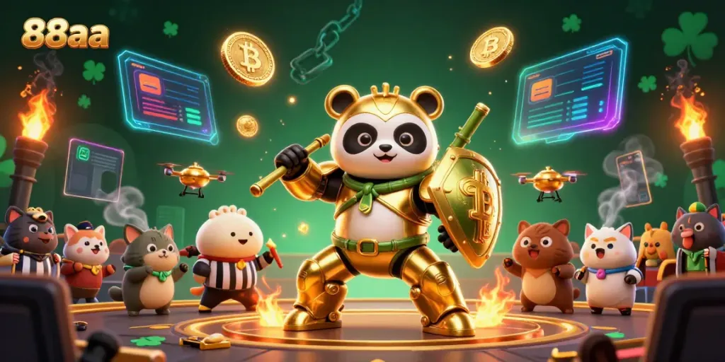 Experience thrilling gameplay with 88aa featuring a golden panda and mech-suit in a vibrant casino arena.