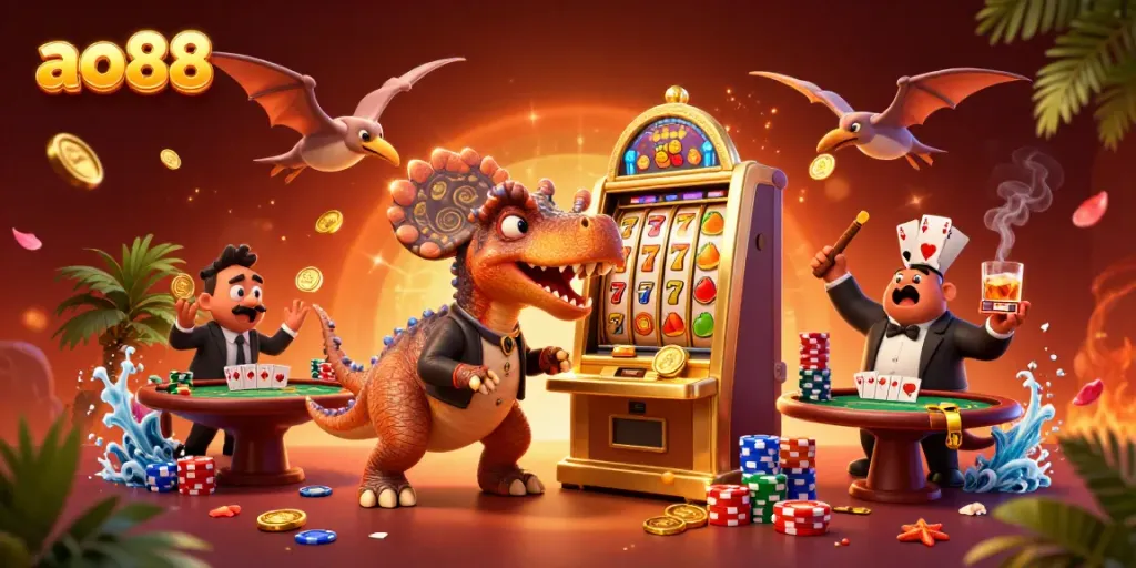 Unleashing ao88 jackpots as a cartoon dinosaur headbutts a slot machine amidst a vibrant casino scene.