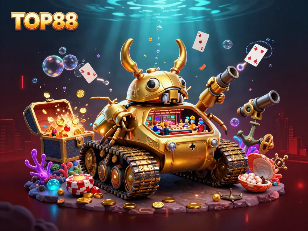 Engage in stunning casino adventures with TOP88's vibrant 3D environment filled with gold and treasures.