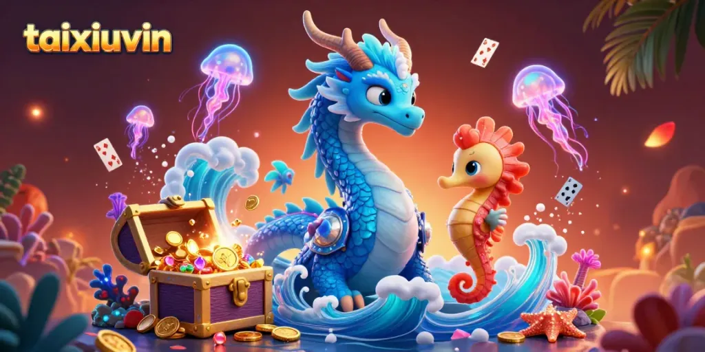 Experience the excitement of gaming with taixiuvin, featuring a captivating underwater scene of a water dragon and seahorse knight amidst treasures.