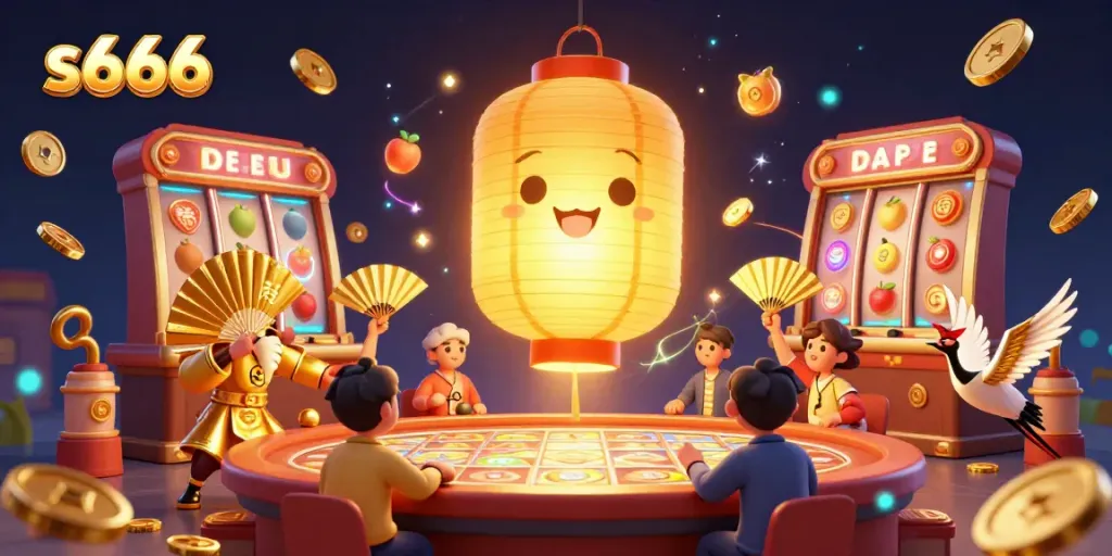 Experience the excitement of s666 casino with vibrant 3D characters enjoying slot games and dynamic elements.