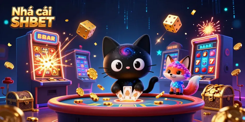 Experience the thrill of Nhà cái SHBET with vibrant casino elements and animated characters in action.