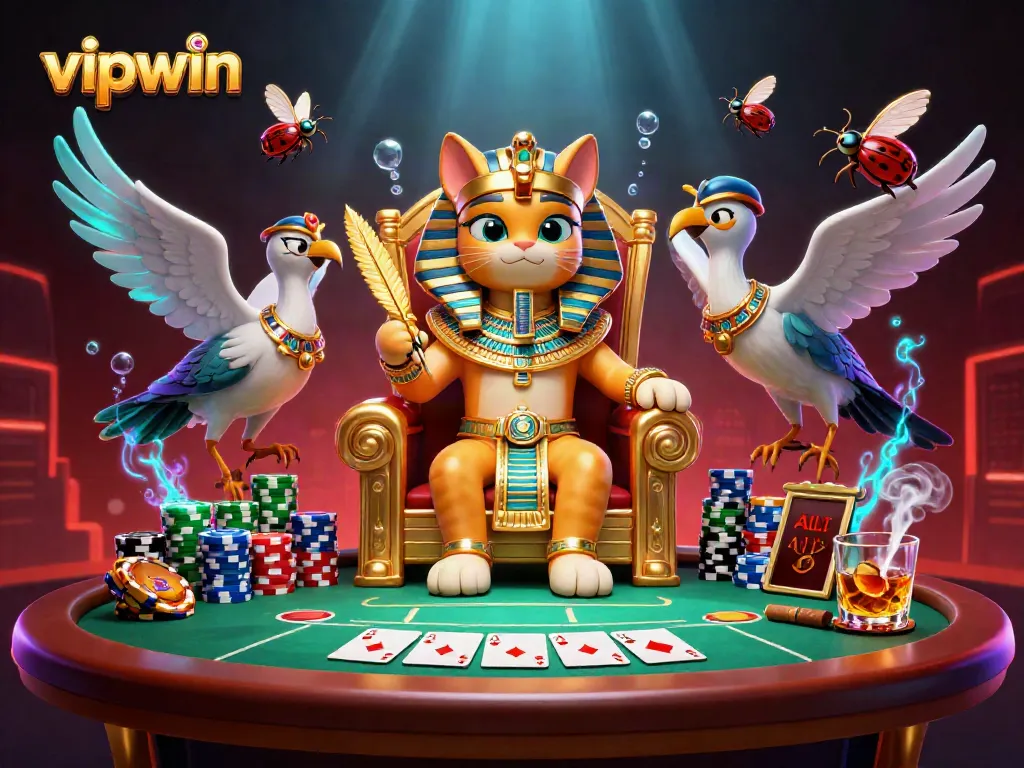 Experience the thrill of vipwin gaming with this vibrant 3D casino illustration featuring a pharaoh cat and poker elements.