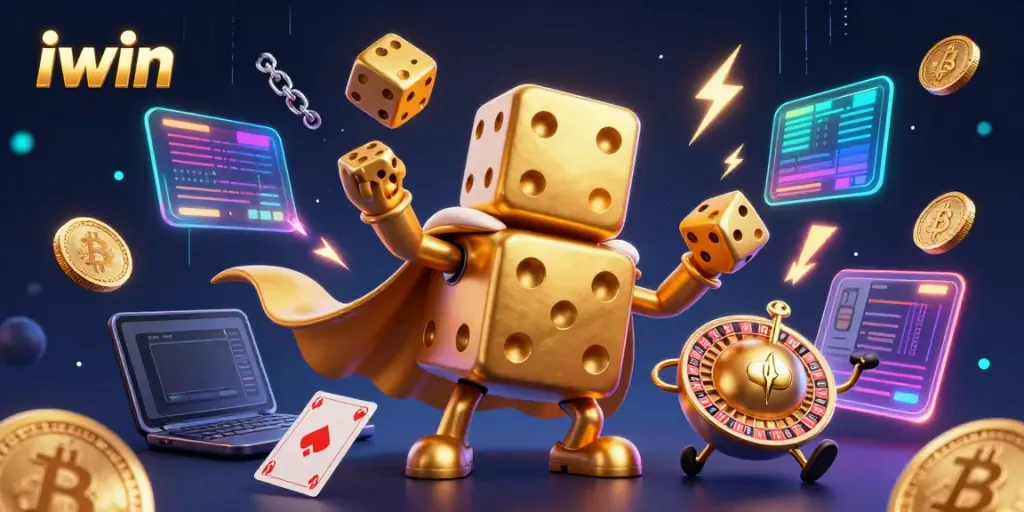 Experience the thrill of iwin with a dynamic scene featuring golden dice and crypto coins