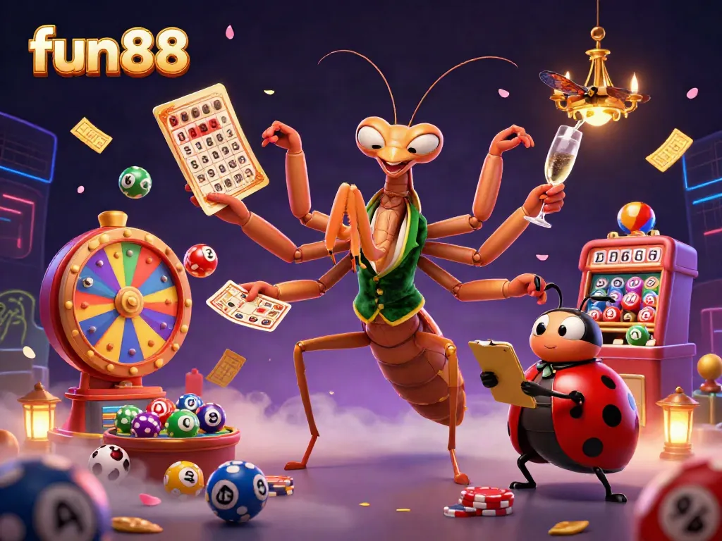 Experience fun88 excitement with a vibrant 3D illustration of a mantis card sharp and ladybug pit boss, lively lottery elements