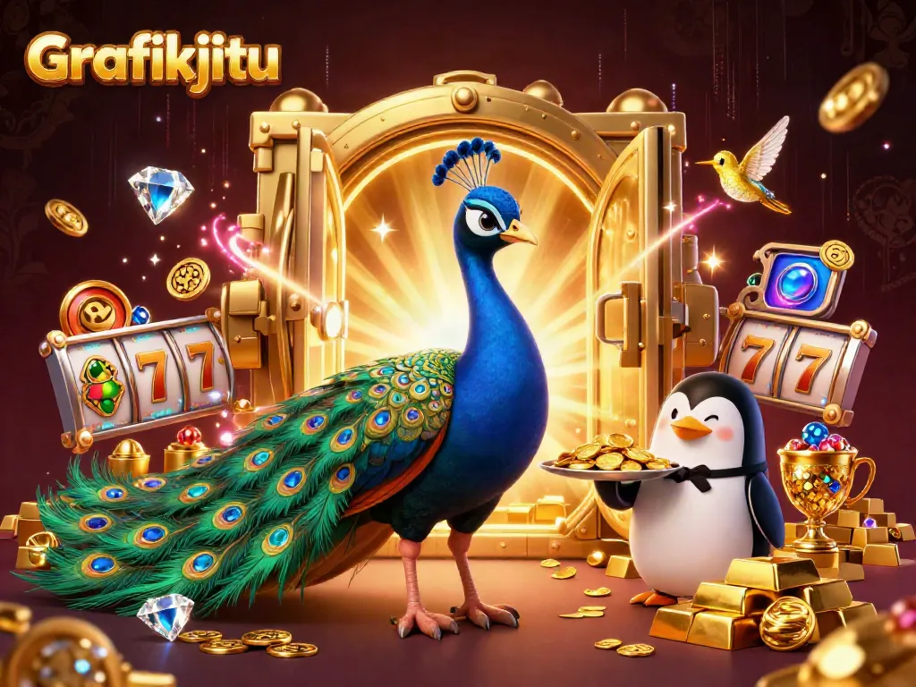 Experience Grafikjitu with vibrant slots, golden chips, and spectacular gems in an engaging 3D casino illustration.