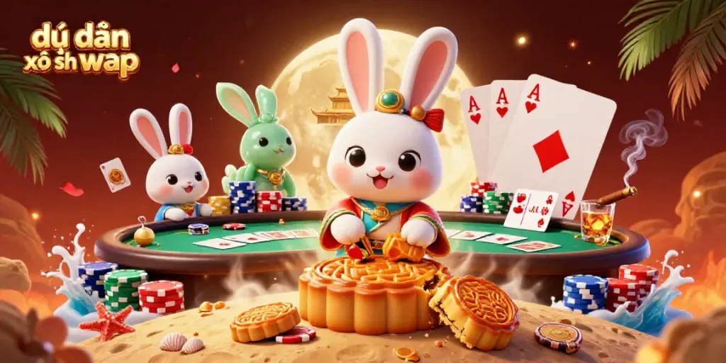 Engaging scene depicting a moon rabbit analyzing data for dự đoán xổ số wap amidst vibrant poker elements.