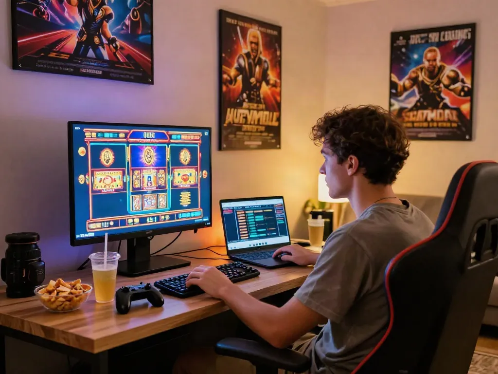 Engaging online gaming experience with lumbung88 slot game, snacks and drinks enhancing the atmosphere.