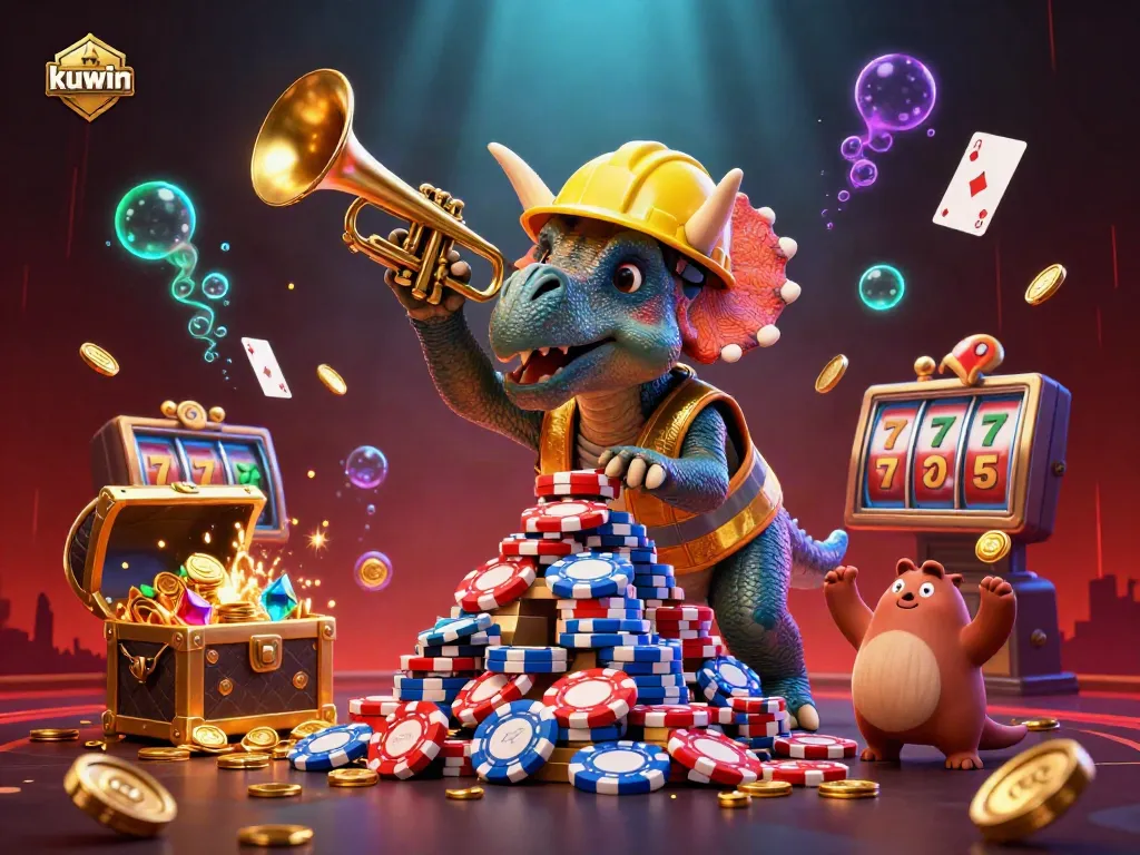 Kuwin casino scene showcasing a triceratops building poker chip pyramids with vibrant game elements.