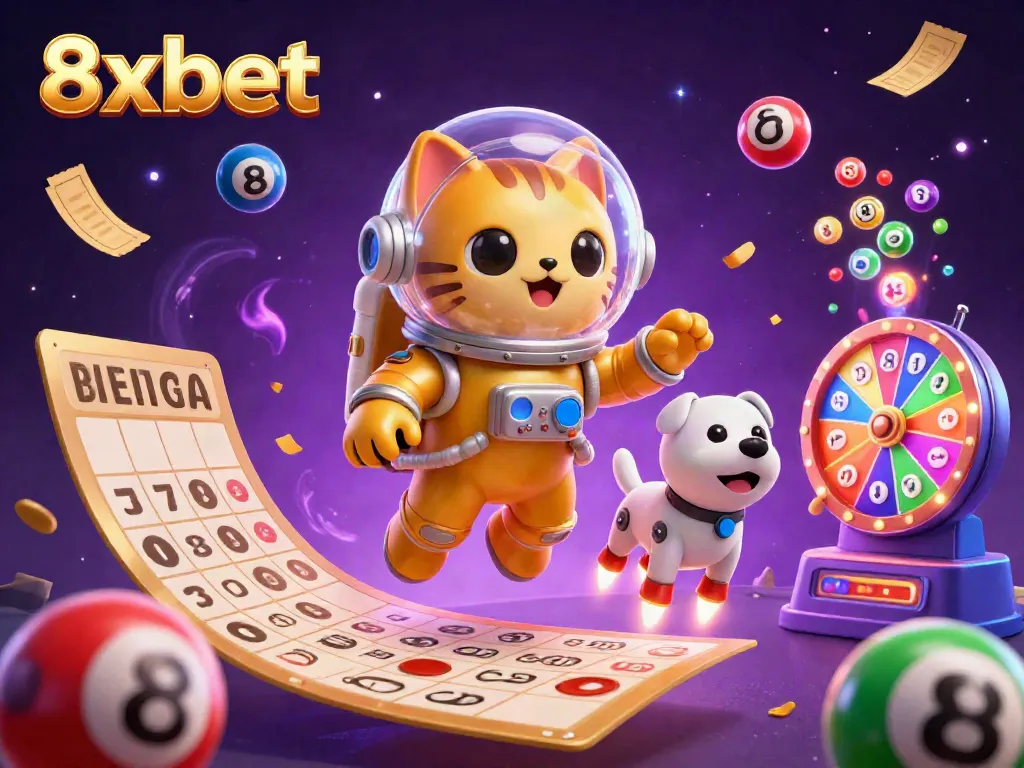 Engage with 8xbet's captivating gaming experience, featuring an astronaut cat and robot dog amidst an explosion of colorful lottery elements.
