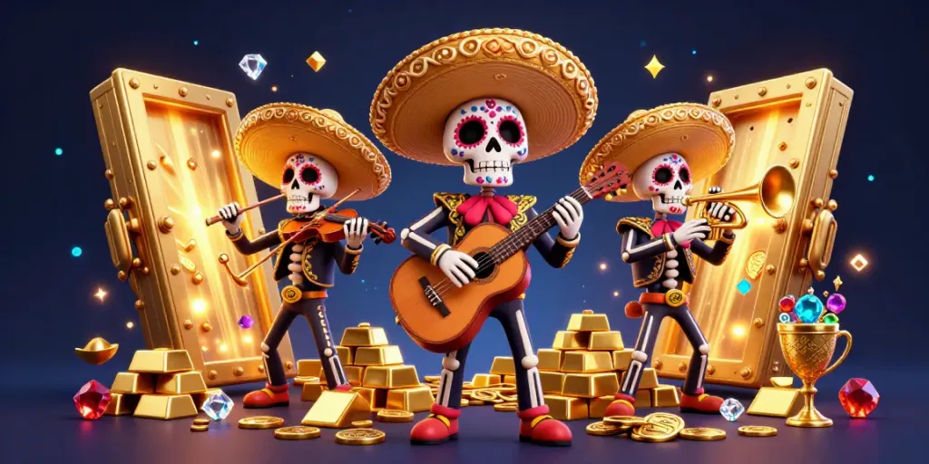 Soi cầu 555 showcases a vibrant mariachi band with treasures symbolizing winning strategies in gambling.