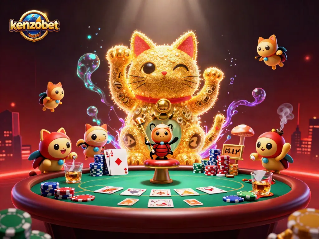 Kenzobet brings casino excitement alive with a dynamic illustration of a lucky cat and poker elements