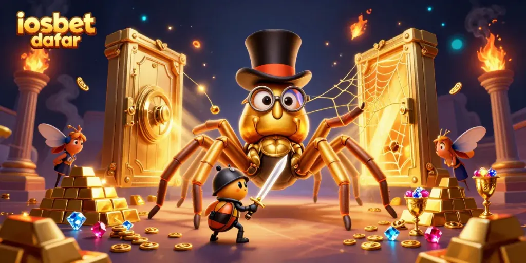 Gambarkan petualangan iosbet daftar dengan tarantula emas dan kesatria kumbang berani dalam suasana kasino.
