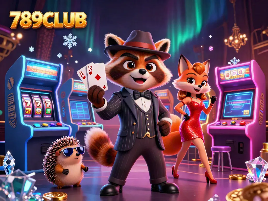 Experience the excitement at 789CLUB with a suave raccoon and glamorous fox, amid vibrant casino elements.