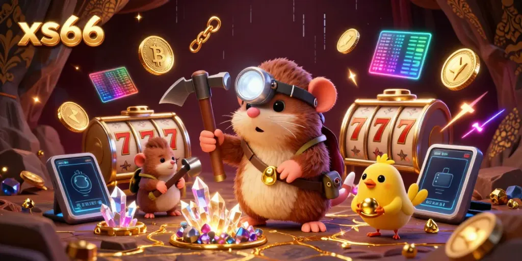 Experience the thrill of winning at xs66 with a vibrant 3D illustration of a treasure hunting mole amid casino games.