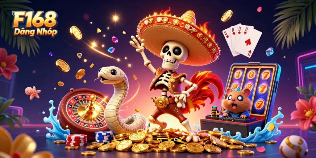 Experience the excitement of F168 Đăng Nhập with vibrant characters and dynamic casino elements.