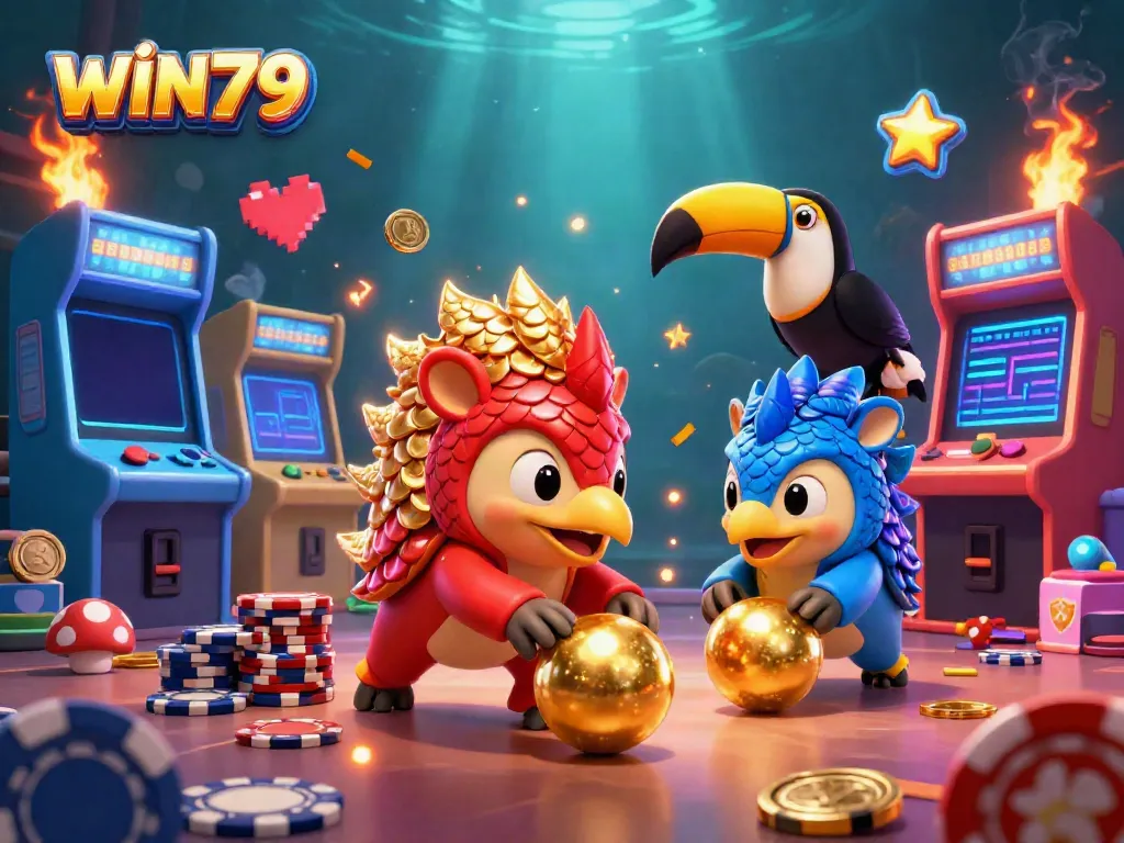 Engage in thrilling gaming with WIN79 as rival pangolins compete in a vibrant casino setting.
