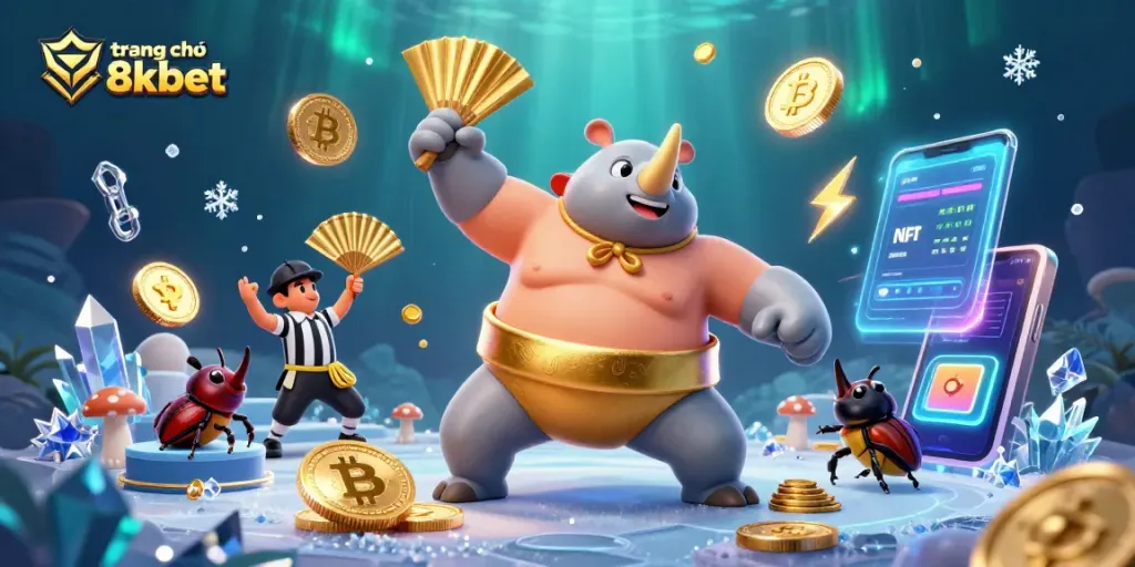 Feel the excitement at trang chủ 8xbet as a beetle champion stomps golden coins amidst crypto elements.