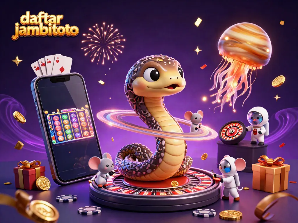 Engage in thrilling bets with daftar jambitoto in a vibrant 3D casino scene featuring cosmic characters.