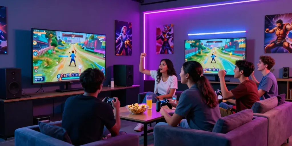 Friends enjoying harta88 gaming session together in vibrant atmosphere.