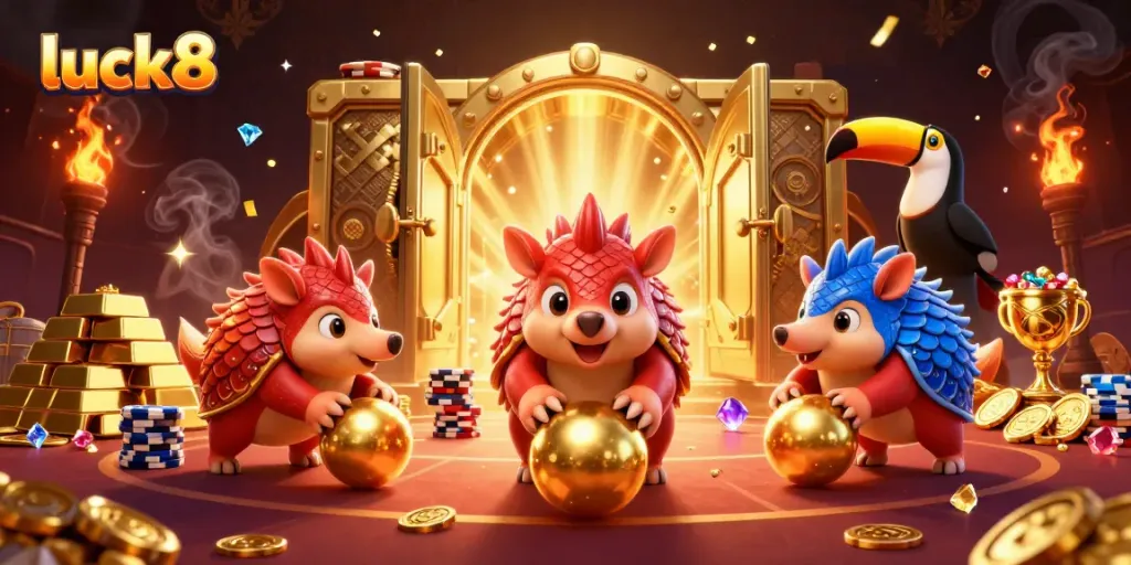 Penguins competing in a game filled with poker chips and golden treasures, embodying the luck8 spirit.