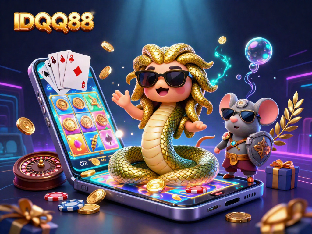 Engage in thrilling gameplay with IDQQ88, featuring Medusa and a warrior mouse in a vibrant casino scene.