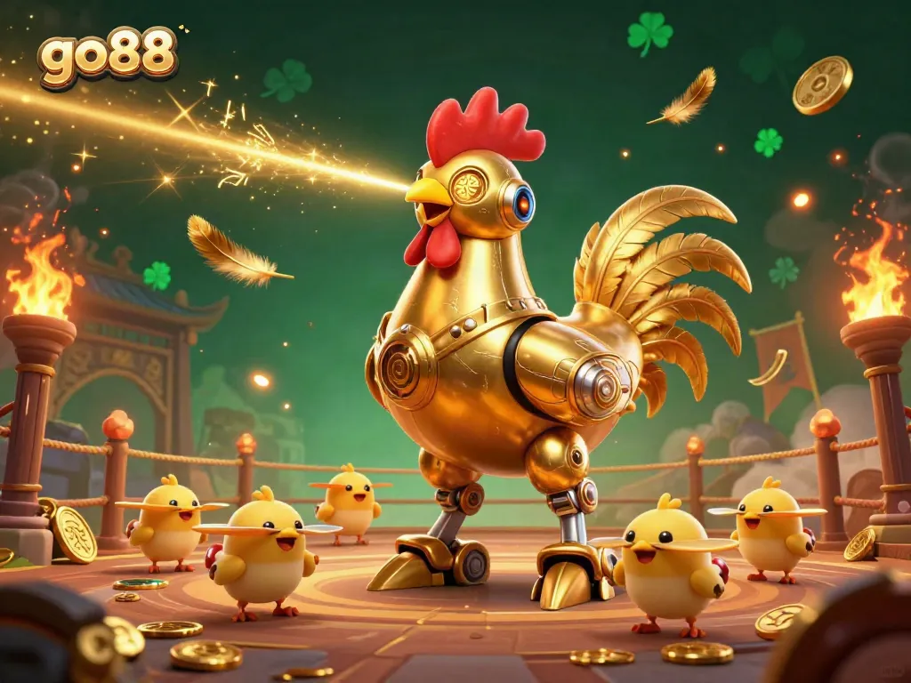 Engage in thrilling gaming action with go88, featuring a golden rooster robot and baby chick drones amidst a vibrant casino scene.