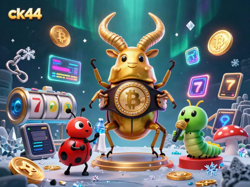 Engage with the action at ck44, where a giant stag beetle battles for the jackpot amid glowing crypto coins and lively casino symbols.