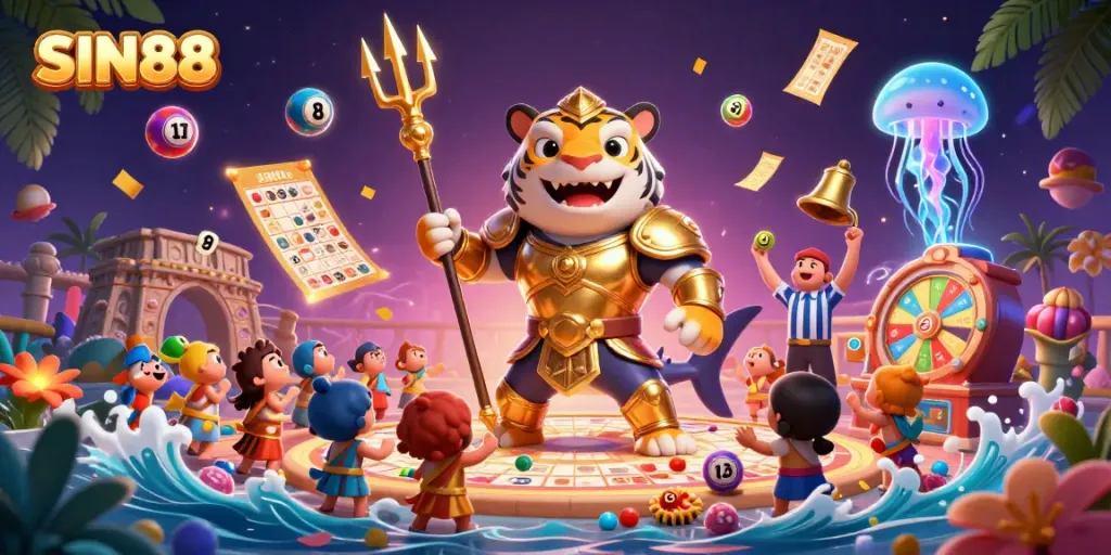 Play with SIN88's exciting underwater casino featuring dynamic colored balls and golden tickets.