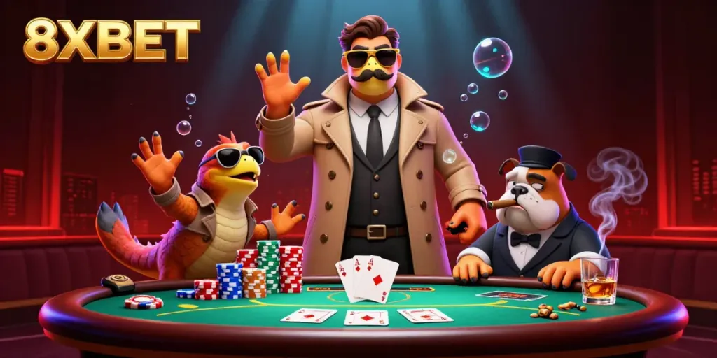 Experience thrilling 8XBET action as raptors sneak into a VIP casino lounge, complete with poker chips and cards.